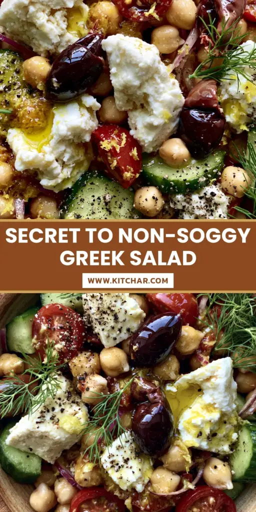 Greek Chickpea Salad with Herb-Infused Olive Oil and Rustic Feta 5 A top-down view of a rustic ceramic bowl filled with greek chickpea salad featuring thick cucumbers, large feta chunks, and fresh dill sprigs.