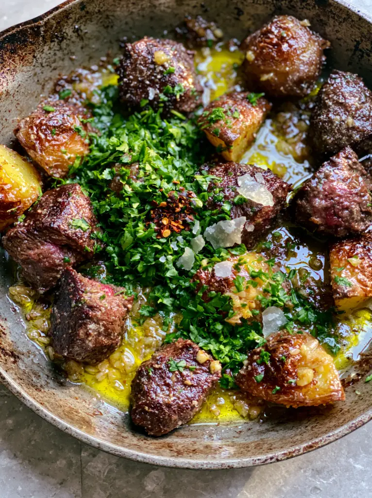 Close-up of juicy pink centers in seared steak bites mixed with crunchy potato wedges and minced garlic.
