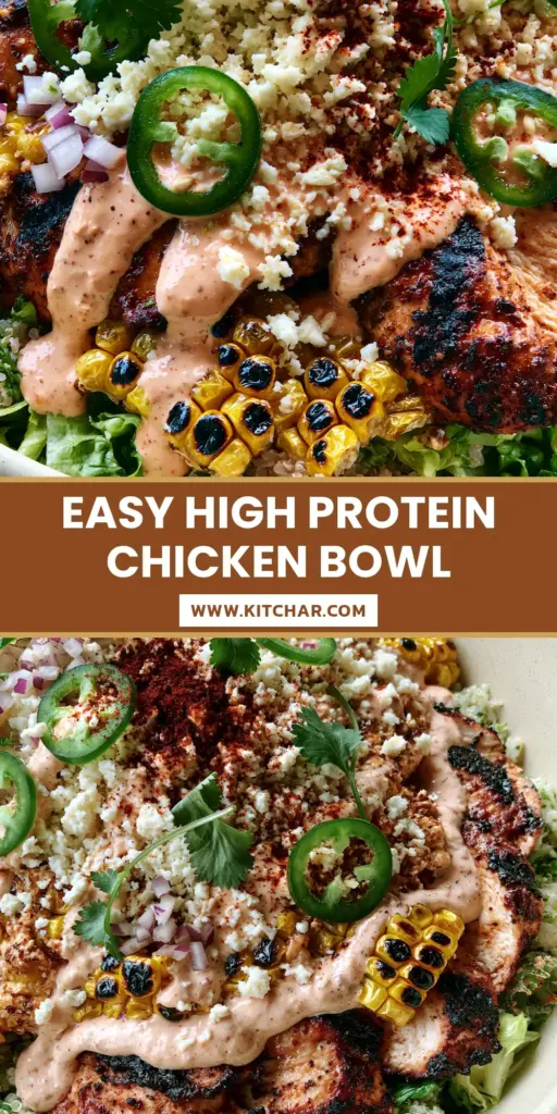 Street Corn Chicken Bowl with Charred Corn and Cilantro Lime Quinoa 4 A vibrant Street Corn Chicken Bowl featuring sliced grilled chicken with dark sear marks, charred corn kernels, and a pink chipotle crema drizzle in a cream bowl. (Street Corn Chicken Bowl)