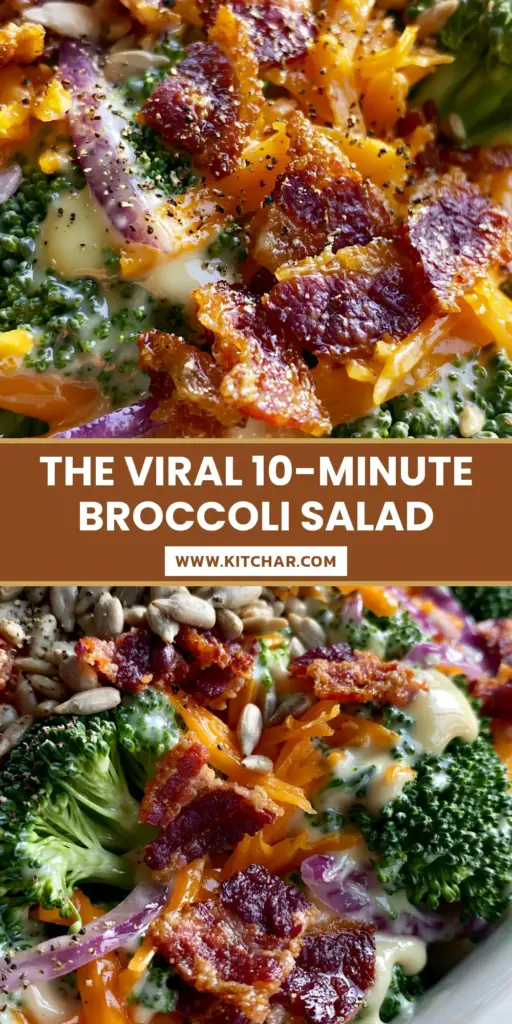 A vibrant cold broccoli salad featuring emerald green florets, sharp orange cheddar, and mahogany bacon in a white bowl.