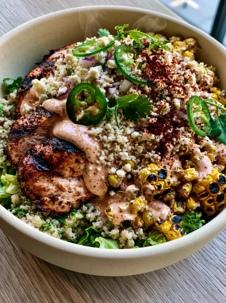 Street Corn Chicken Bowl with Charred Corn and Cilantro Lime Quinoa 2 Close up shot of a Street Corn Chicken Bowl on a light oak wood surface, showing the contrast of snow-white cotija cheese and dark red smoked paprika. (Street Corn Chicken Bowl)