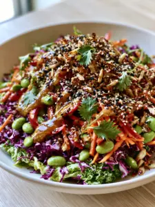 Close up of finely shredded purple cabbage and neon orange carrots in a matte white bowl. (Asian Crunch Salad)