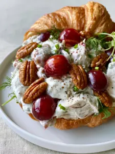 Ultra close-up of tender rotisserie chicken chunks and crimson red grapes in a creamy dressing. (chicken salad with grapes)