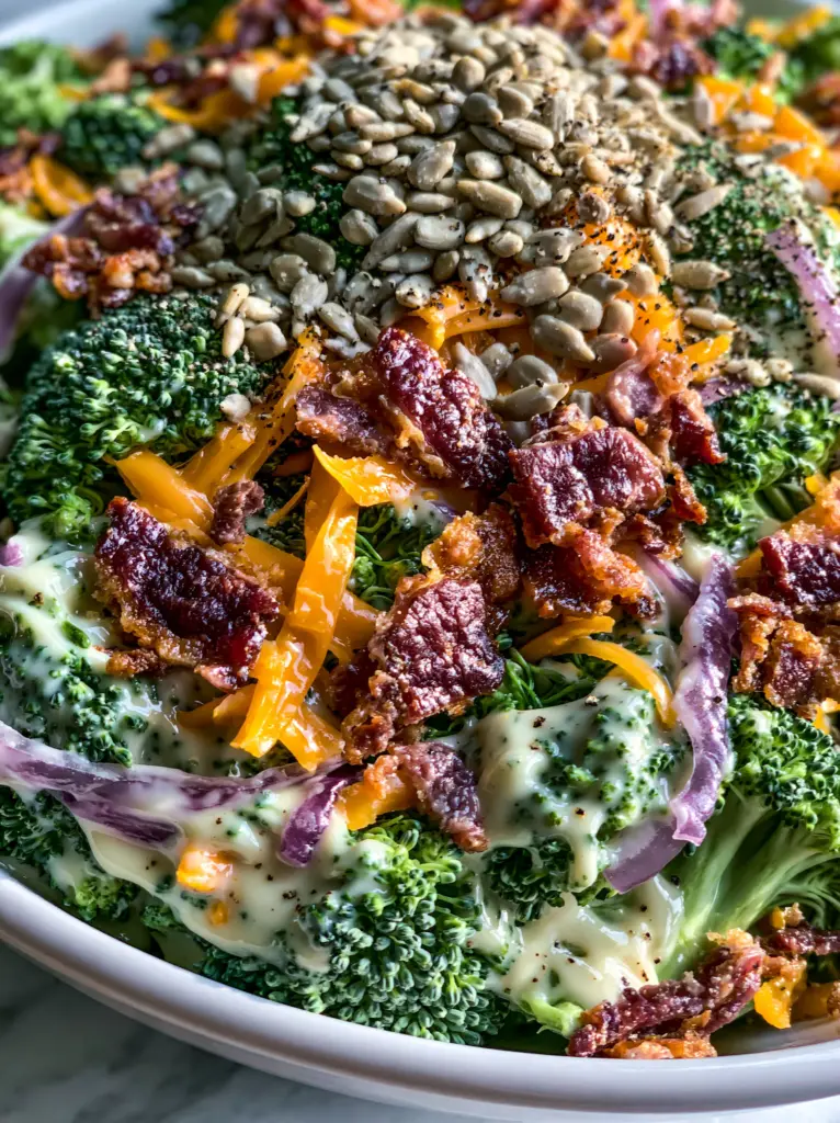 A overhead view of a ceramic bowl filled with cold broccoli salad, orange cheese, and mahogany bacon.