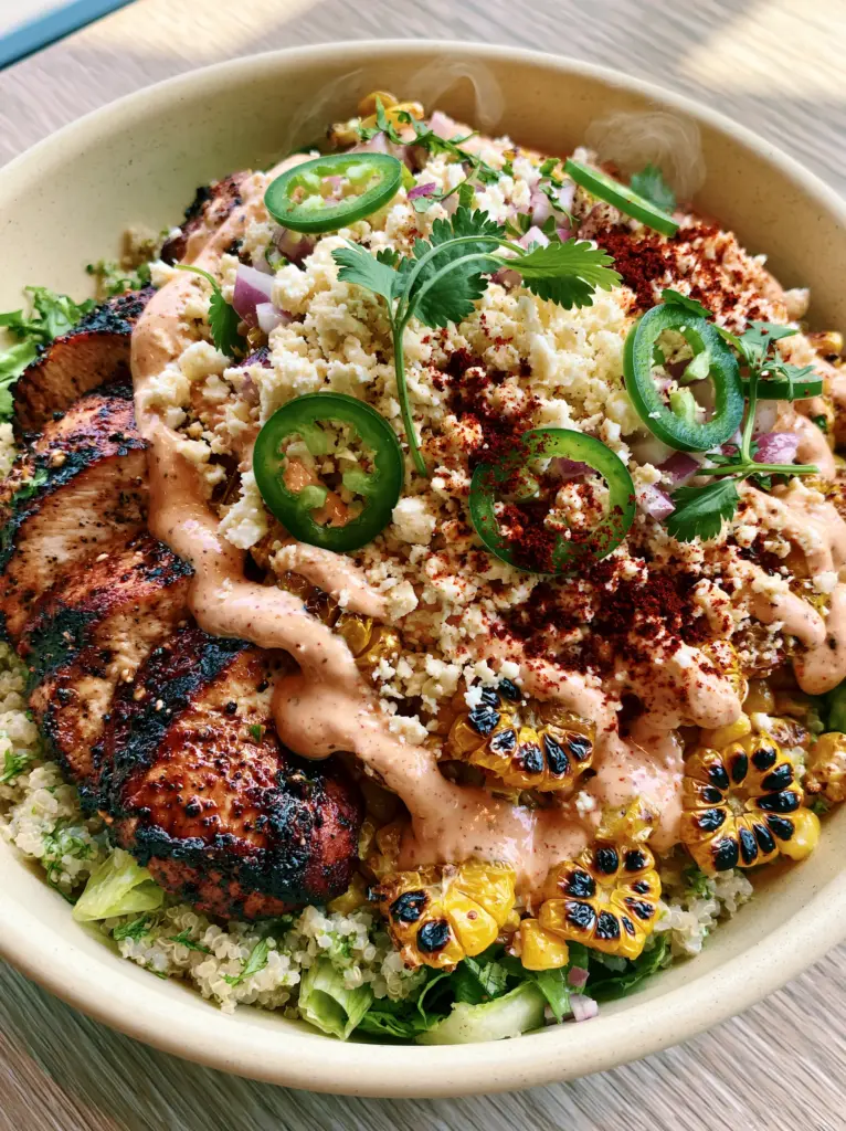 Street Corn Chicken Bowl with Charred Corn and Cilantro Lime Quinoa 1 High-angle smartphone photo of a finished Street Corn Chicken Bowl with fluffy quinoa and bright green jalapeños.