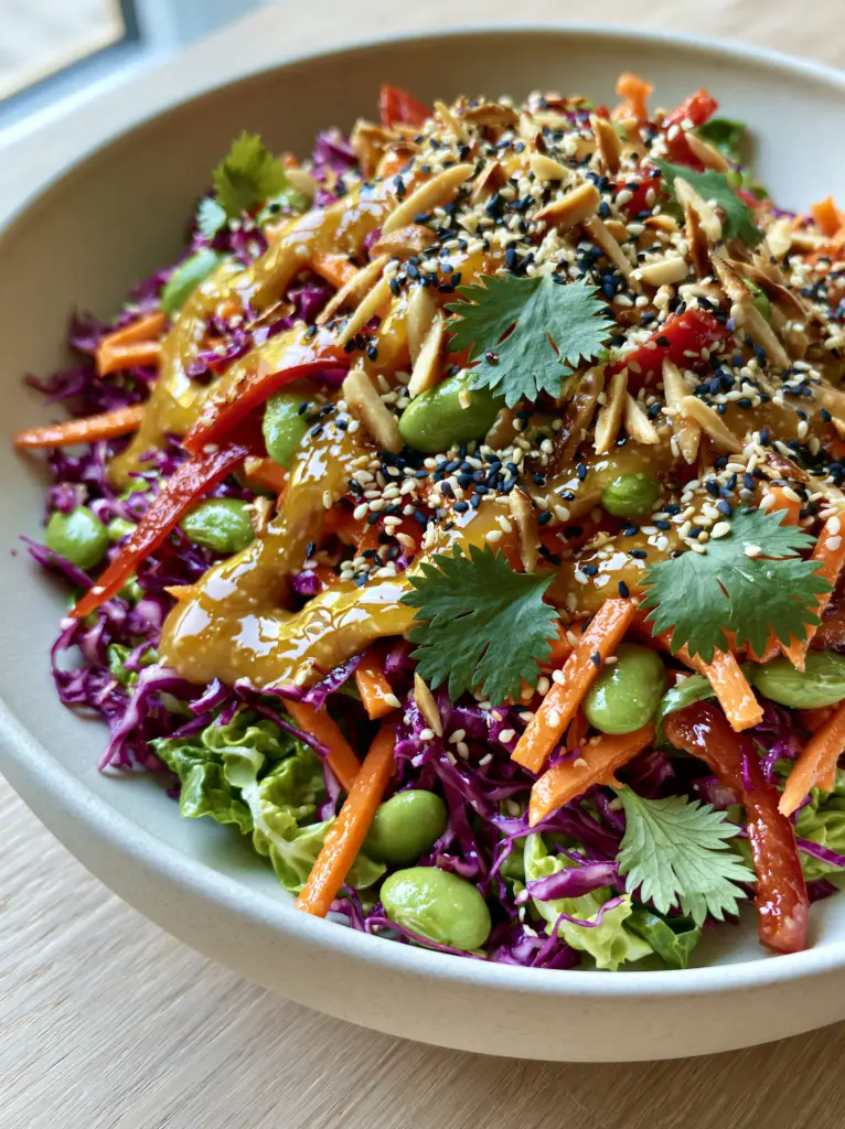 Asian Crunch Salad: The Ultimate Vibrant Sesame Ginger Slaw 1 Asian Crunch Salad drizzled with glossy honey-hued dressing and sprinkled with black and white sesame seeds.