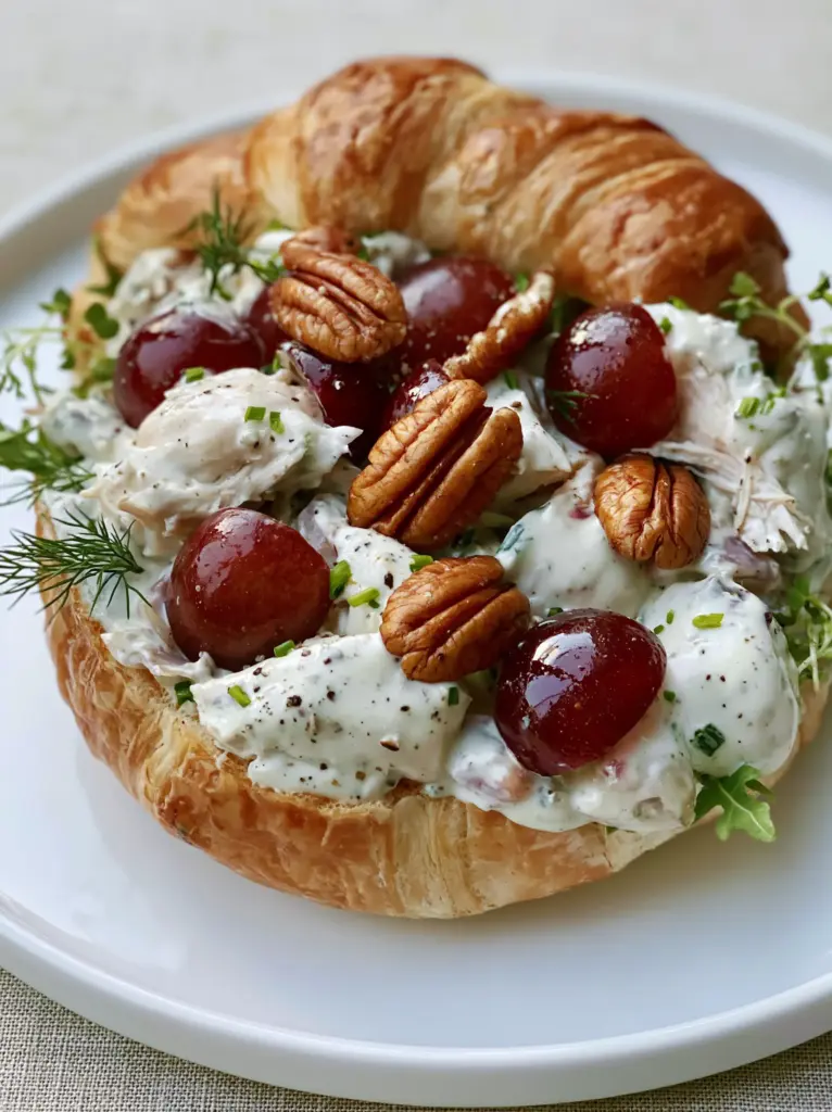 Chicken Salad with Grapes on Flaky Toasted Croissants 1 A perfectly assembled chicken salad sandwich with visible toasted pecans and fresh dill sprigs.