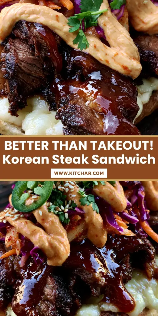 Korean Steak Sandwich: The Ultimate Bulgogi Ribeye Baguette Recipe 4 Low-angle shot of a Korean Steak Sandwich with glazed ribeye, purple cabbage slaw, and gochujang aioli drizzle on a dark wood board.