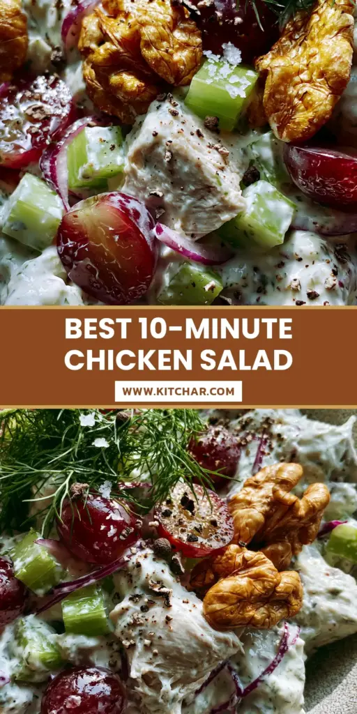 Homemade Chicken Salad with Velvety Greek Yogurt and Toasted Walnuts 4 A gourmet Homemade Chicken Salad with chunky chicken, crimson grapes, and toasted walnuts in a ceramic bowl.