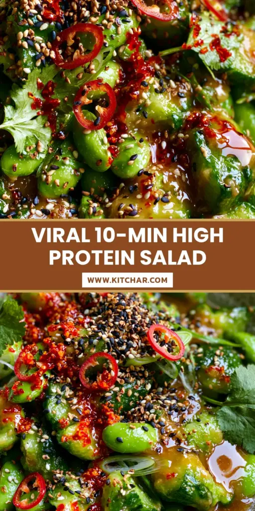 Cucumber Edamame Salad with Smashed Miso Ginger Dressing 4 A top-down macro shot of a vibrant cucumber edamame salad featuring smashed Persian cucumbers, bright green edamame, and glossy miso dressing topped with red chili oil in a ceramic bowl.