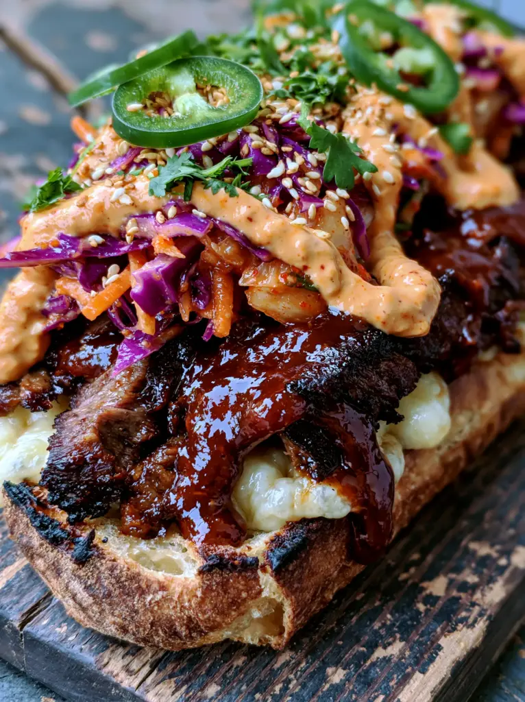 Korean Steak Sandwich: The Ultimate Bulgogi Ribeye Baguette Recipe 1 Top view of a Korean Steak Sandwich being drizzled with pale-orange gochujang aioli and garnished with jalapeños.