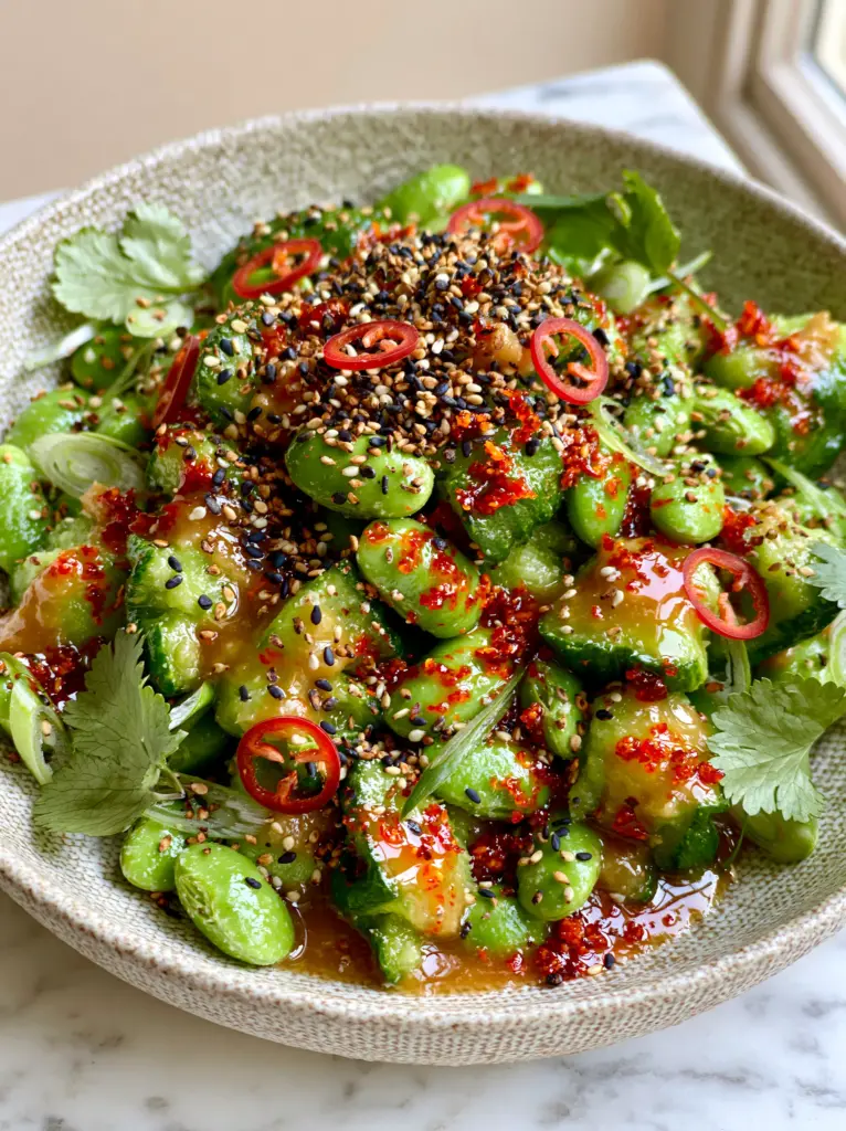 Cucumber Edamame Salad with Smashed Miso Ginger Dressing 1 Handheld photo of cucumber edamame salad on a white marble countertop with soft side lighting highlighting the glossy textures.