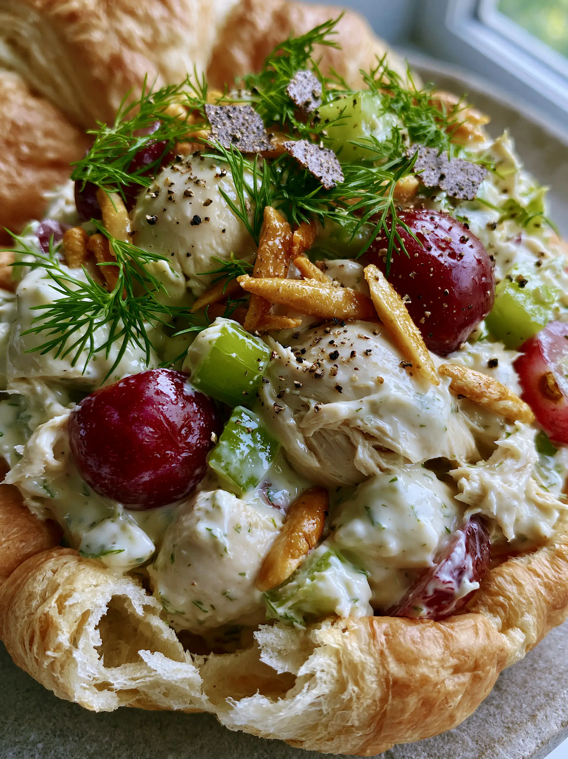 Classic Chicken Salad with Grapes and Toasted Almonds on Flaky Croissants 3 Extreme macro of ultra-creamy classic chicken salad with visible black pepper, dill, and red grapes. (classic chicken salad)