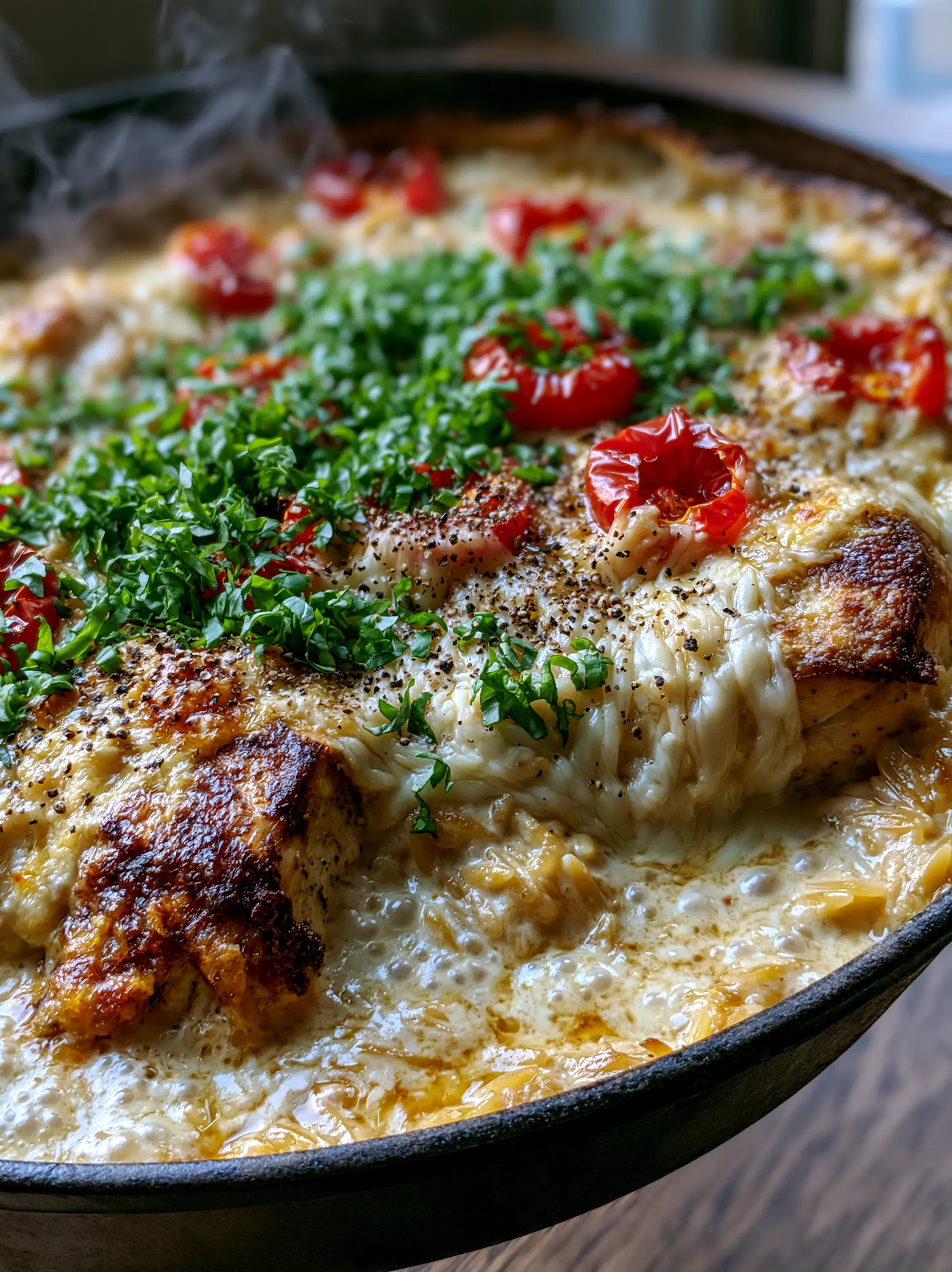 Quick Recipes: Creamy Garlic Chicken and Orzo Skillet with Blistered Tomatoes 3 Extreme close-up of seared chicken and bubbling garlic cream sauce in a skillet. (Quick Recipes)