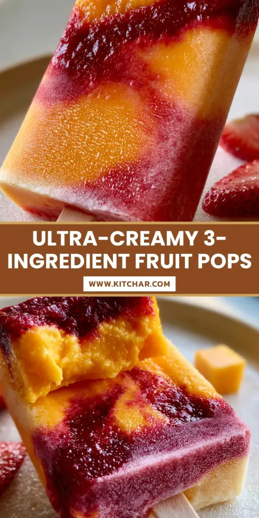 A close-up of Strawberry Mango Popsicles resting on a white plate with fresh fruit garnishes. (Strawberry Mango Popsicles)