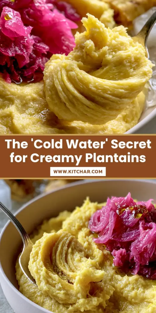 Boiled Green Plantains: The Secret to Ultra-Creamy Dominican Mangú 4 A minimalist white bowl filled with creamy mashed Boiled Green Plantains topped with vibrant fuchsia pickled onions and a silver spoon.