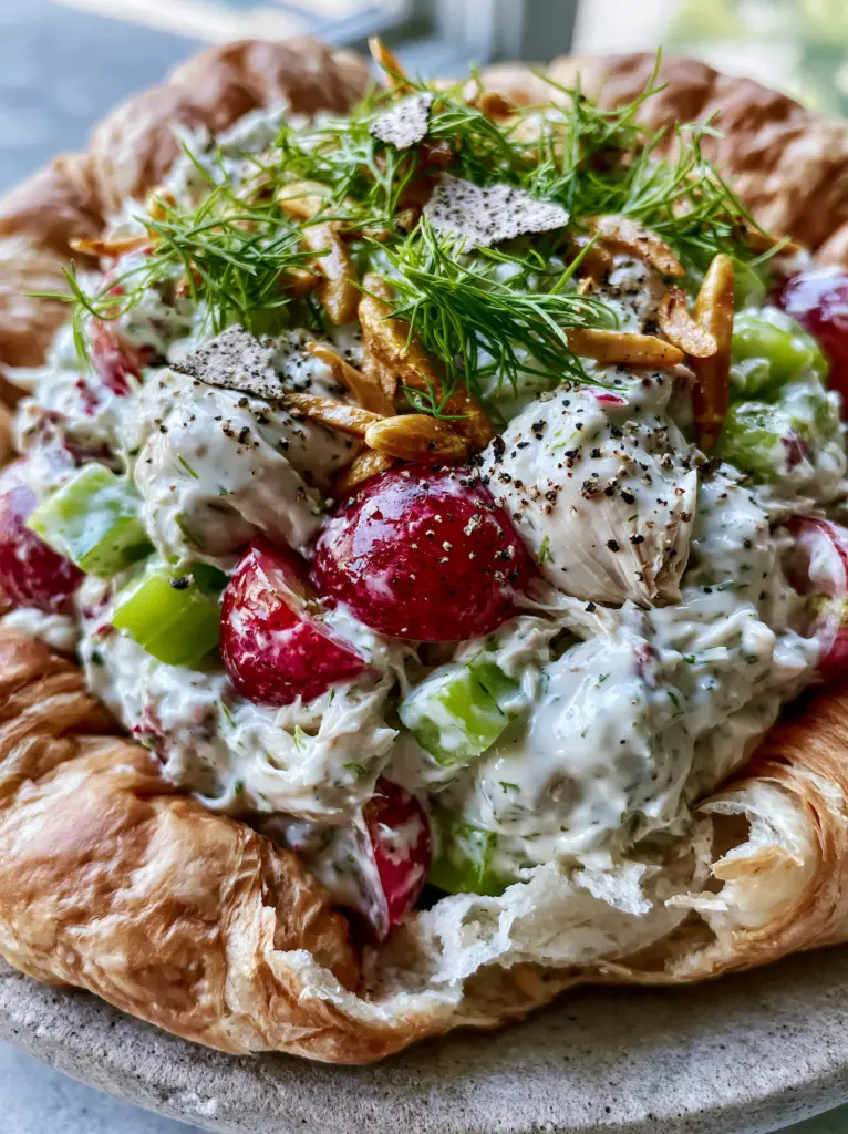 Classic Chicken Salad with Grapes and Toasted Almonds on Flaky Croissants 1 A scoop of deli-style classic chicken salad showing toasted almonds and vibrant celery.