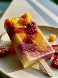 Macro shot of a Strawberry Mango Popsicle with a clean bite taken out, showing the dense, creamy marbled interior. (Strawberry Mango Popsicles)