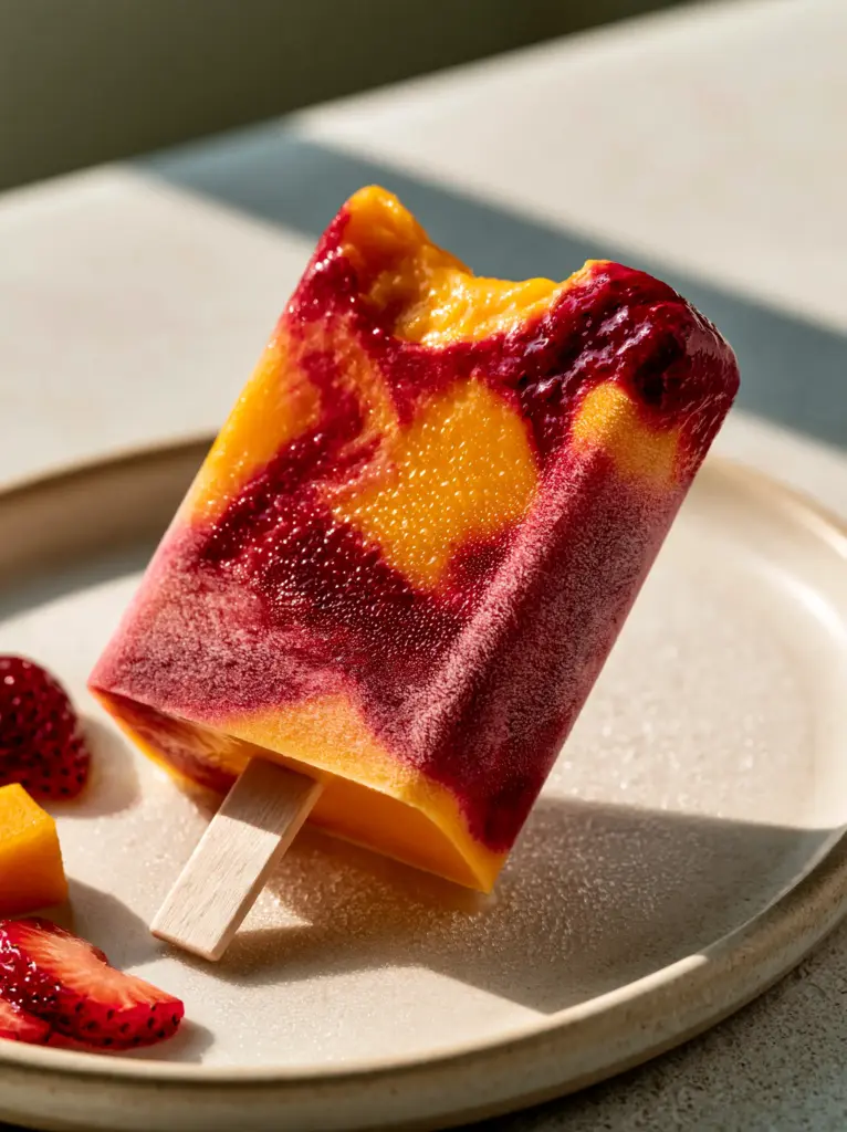 A gourmet Strawberry Mango Popsicle with matte frost coating and condensation droplets on a chilled ceramic plate.