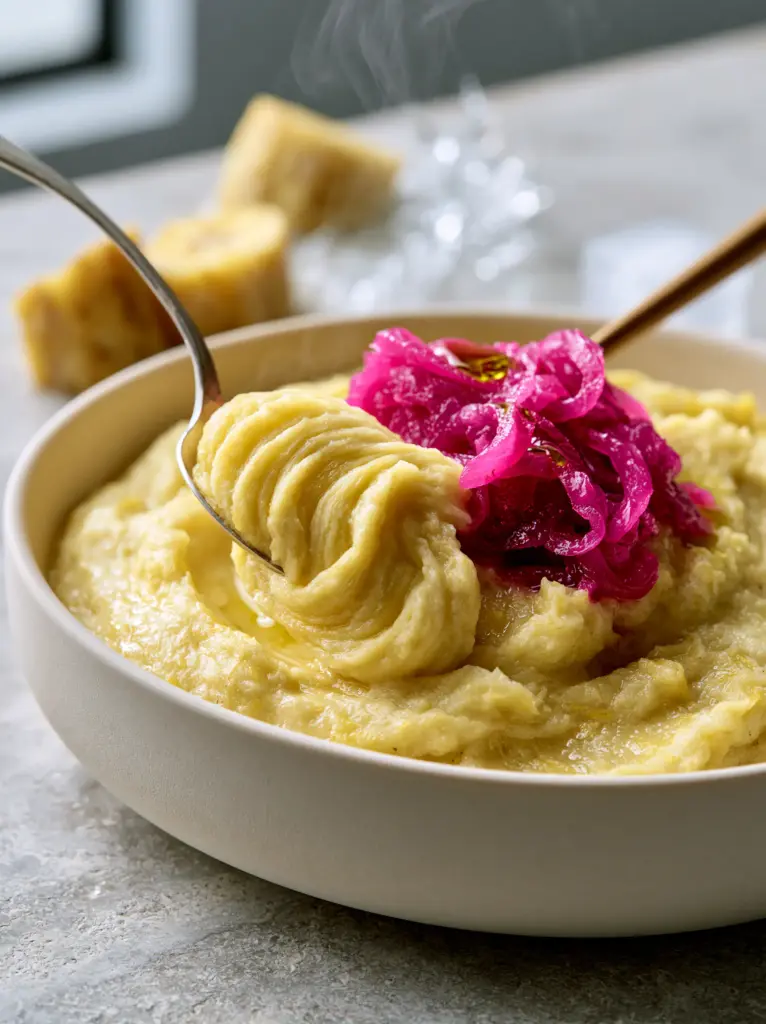 Boiled Green Plantains: The Secret to Ultra-Creamy Dominican Mangú 1 Boiled Green Plantains in a white bowl with steam rising, featuring the cold water hack background elements.