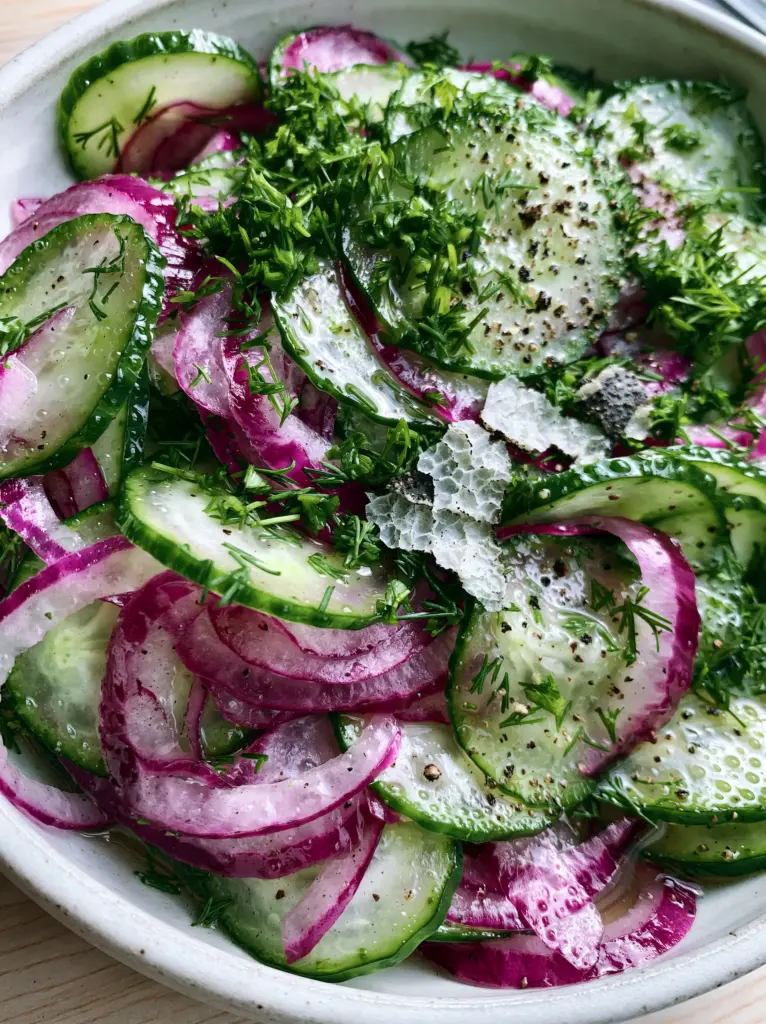 Vinegar Cucumber Salad: The Ultimate Crisp and Tangy Summer Side Dish 1 Glistening vinegar cucumber salad topped with fresh dill and cracked black pepper flakes.