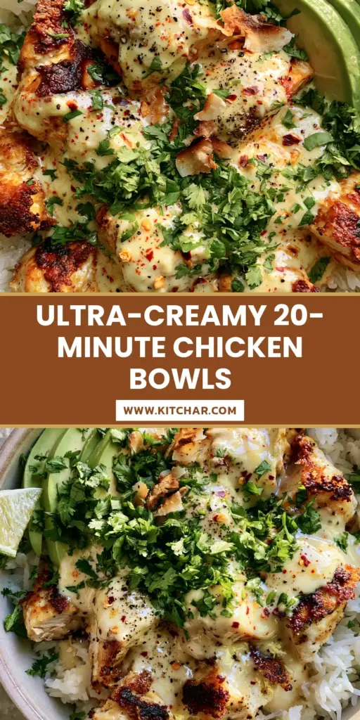 Coconut Chicken Rice Bowl: The Ultimate Creamy 30-Minute Tropical Dinner 4 A top-down view of a Coconut Chicken Rice Bowl featuring seared chicken cubes, thick coconut sauce, and fresh avocado on jasmine rice.