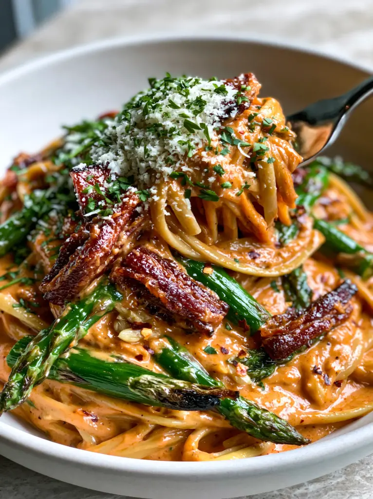 Bacon Asparagus Cajun Pasta with a Creamy Sunset-Orange Sauce 1 A fork lifting a portion of bacon asparagus cajun pasta, showing the charred asparagus and parmesan dusting.