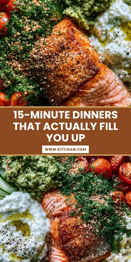 Light dinner ideas: Mediterranean Salmon Quinoa Power Bowl 3 An overhead shot of a Mediterranean Salmon Power Bowl featuring crispy skin salmon and quinoa. (Light dinner ideas)