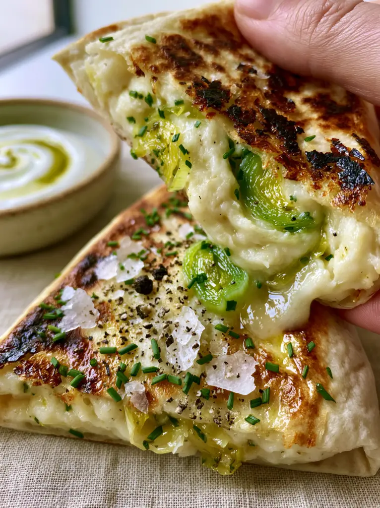 Leek and Potato Wraps: The Ultimate Crispy, Creamy Comfort Meal 1 A close-up view of the emerald green sautéed leek rings swirled into ivory mashed potatoes inside a wrap.