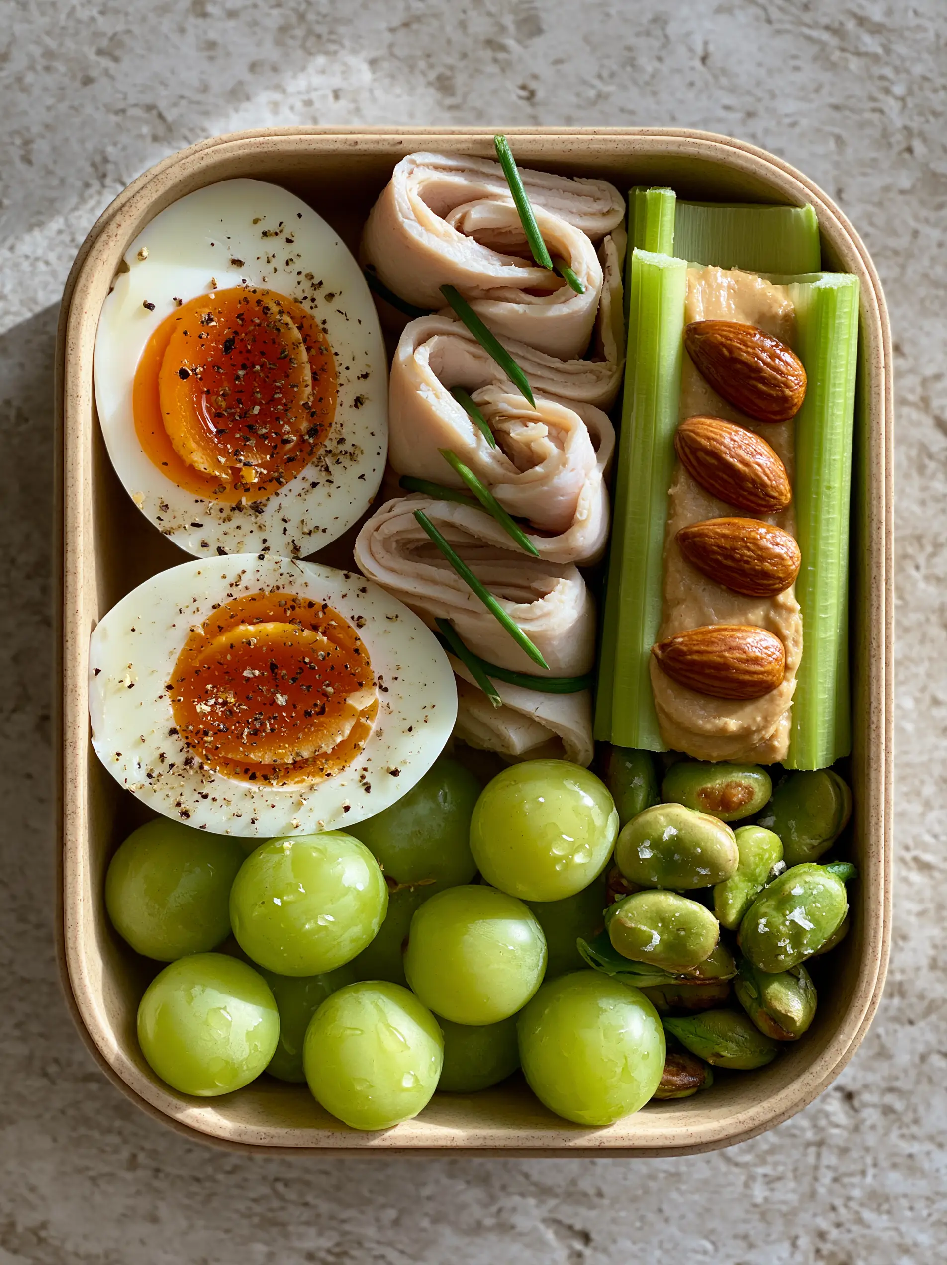 Healthy Road Trip Snacks: The Ultimate High-Protein Bento Box Guide 4 Top-down view of vibrant healthy road trip snacks in a multi-compartment box featuring orange yolk eggs and salted edamame.