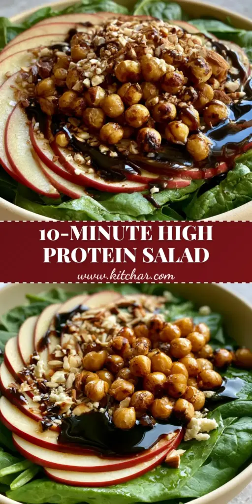 Spinach Apple Chickpea Salad with Glossy Maple Balsamic Glaze 4 A top-down view of a spinach apple chickpea salad in a cream bowl, featuring bright red apple slices, golden chickpeas, and a glossy balsamic drizzle. (spinach apple chickpea salad)