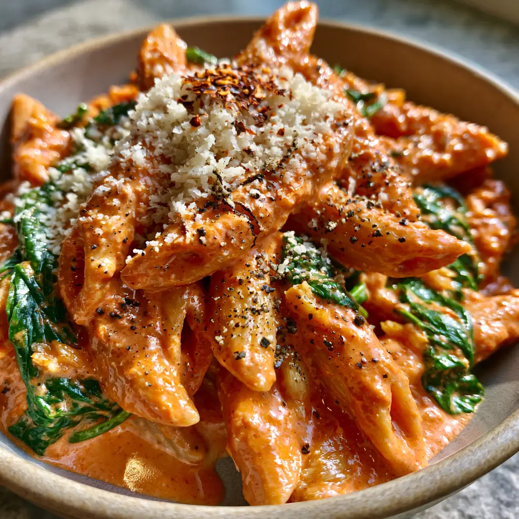 Creamy Tomato Spinach Pasta: The Ultimate Velvety Pink Sauce Penne 2 Overhead view of Creamy Tomato Spinach Pasta in a shallow ceramic bowl showing the velvety orange-pink sauce and wilted spinach.
