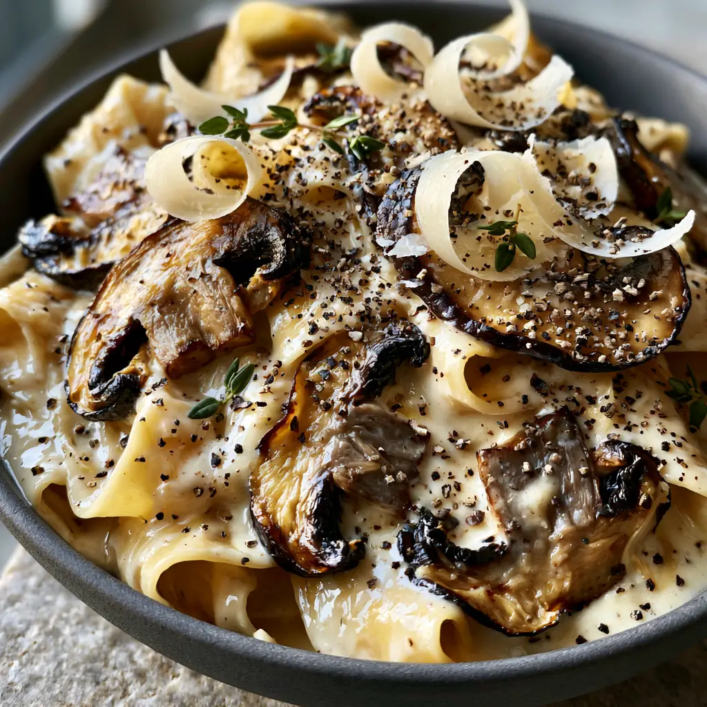 Creamy Garlic Mushroom Pasta with Seared Cremini and Pappardelle 2 Extreme close-up of glossy creamy garlic mushroom pasta showing caramelized mushroom edges and pappardelle folds.