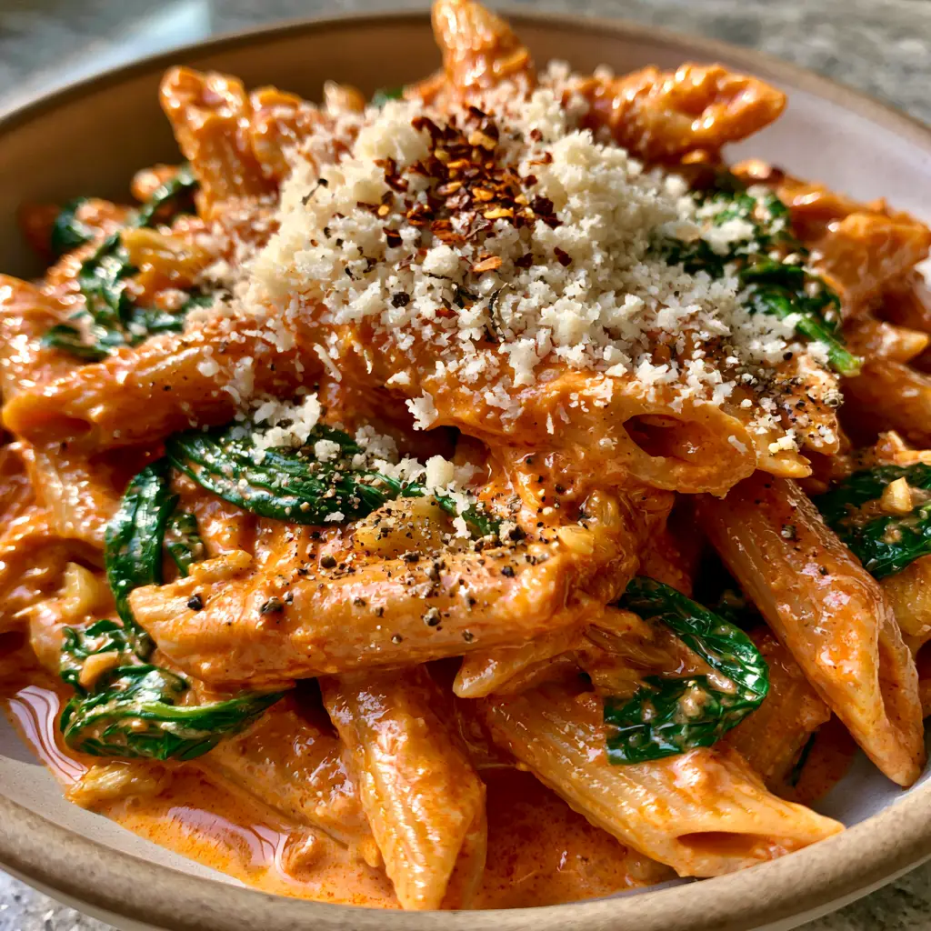 Creamy Tomato Spinach Pasta: The Ultimate Velvety Pink Sauce Penne 1 Detailed close-up of penne noodles heavily coated in a vibrant tomato cream sauce with cracked black pepper and parmesan flakes.