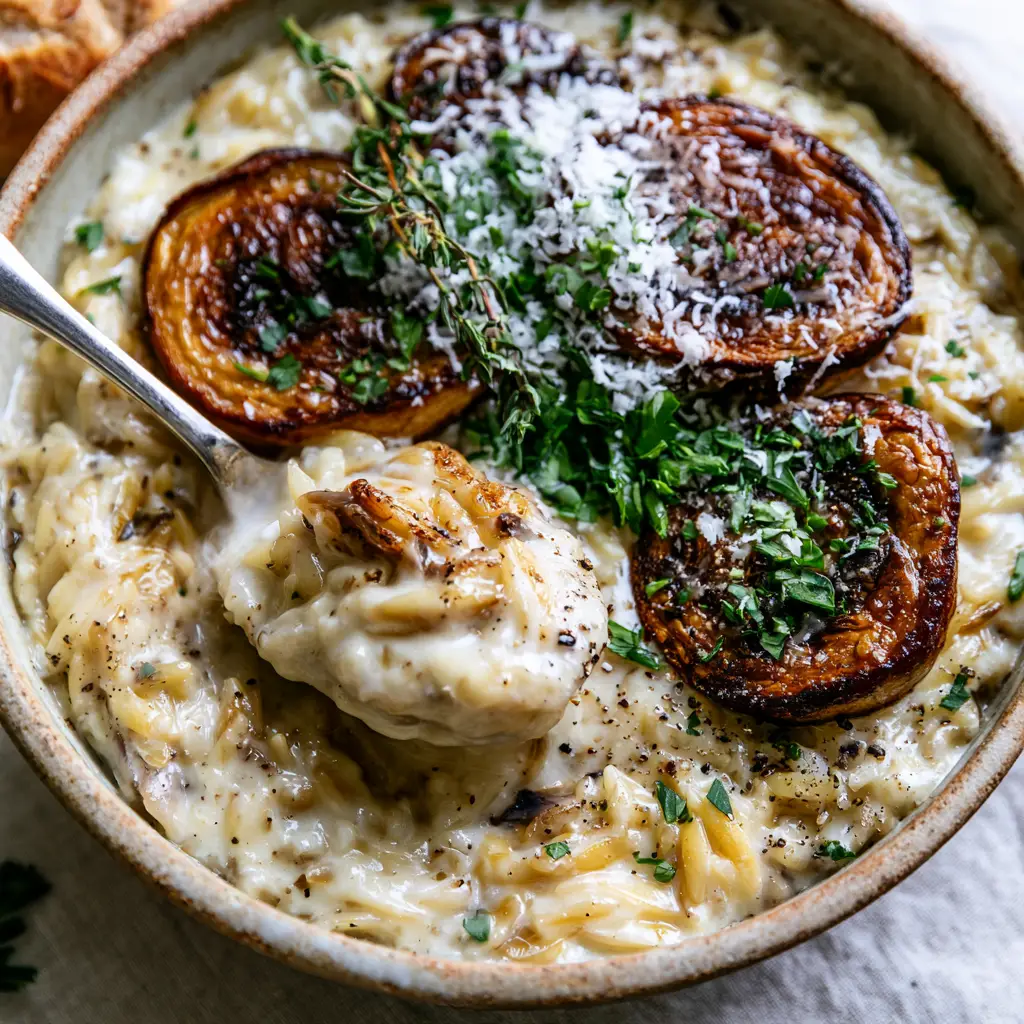 Creamy Orzo and Mushrooms with Seared Garlic Cremini 2 A silver spoon lifting a portion of Creamy Orzo and Mushrooms showing the velvety ivory sauce and thick-cut seared mushrooms.