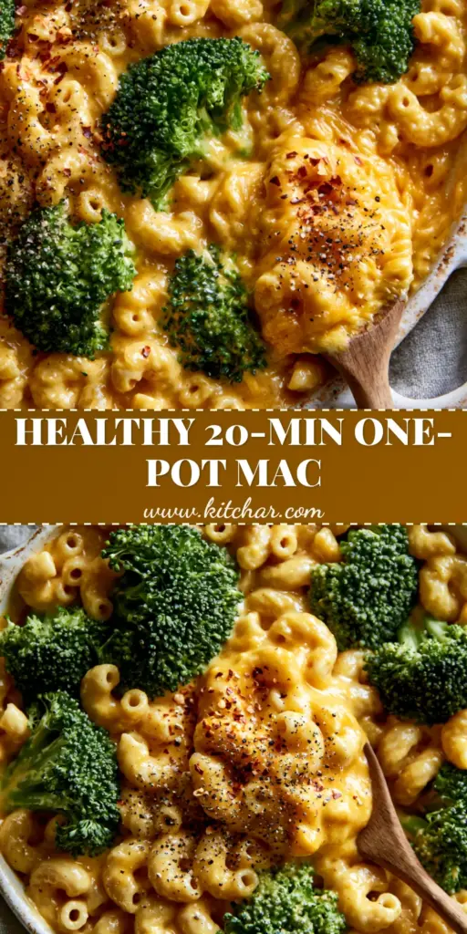 A close-up of broccoli mac and cheese in a white skillet with glossy golden sauce and red pepper flakes.