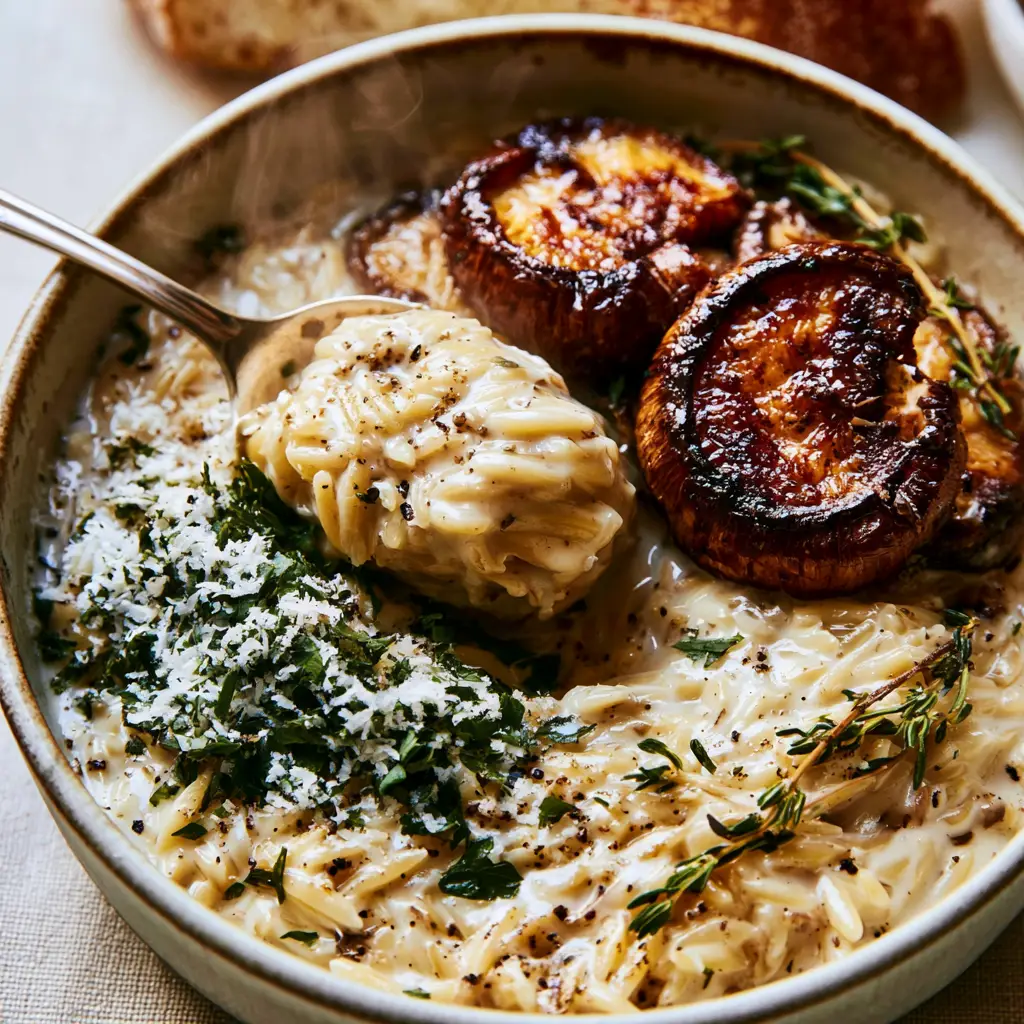 Creamy Orzo and Mushrooms with Seared Garlic Cremini 1 Creamy Orzo and Mushrooms garnished with fresh thyme, cracked black pepper, and micro-planed snowy parmesan cheese.