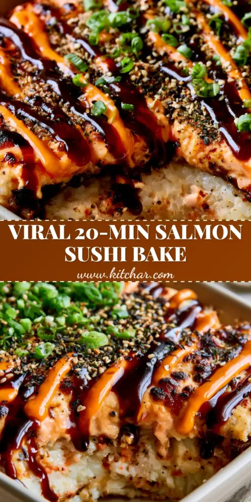 A professional flat-lay of a Salmon Sushi Bake in a ceramic dish, featuring charred spicy mayo, zigzag unagi sauce, and fresh green scallions.