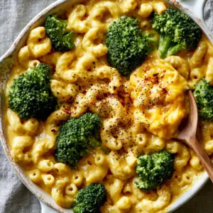 Overhead view of a ceramic skillet containing broccoli mac and cheese with vibrant green florets. (broccoli mac and cheese)