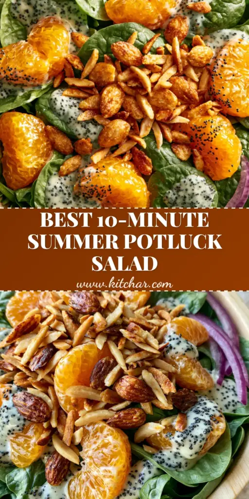 Spinach Mandarin Salad with Creamy Poppy Seed Dressing 4 A top-down view of a vibrant spinach mandarin salad in a wooden bowl featuring toasted almonds and creamy poppy seed dressing.