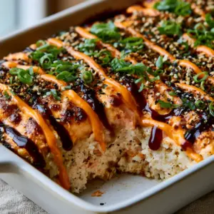Close-up of a Salmon Sushi Bake showing the bubbly, charred golden top and glossy sauce drizzles.