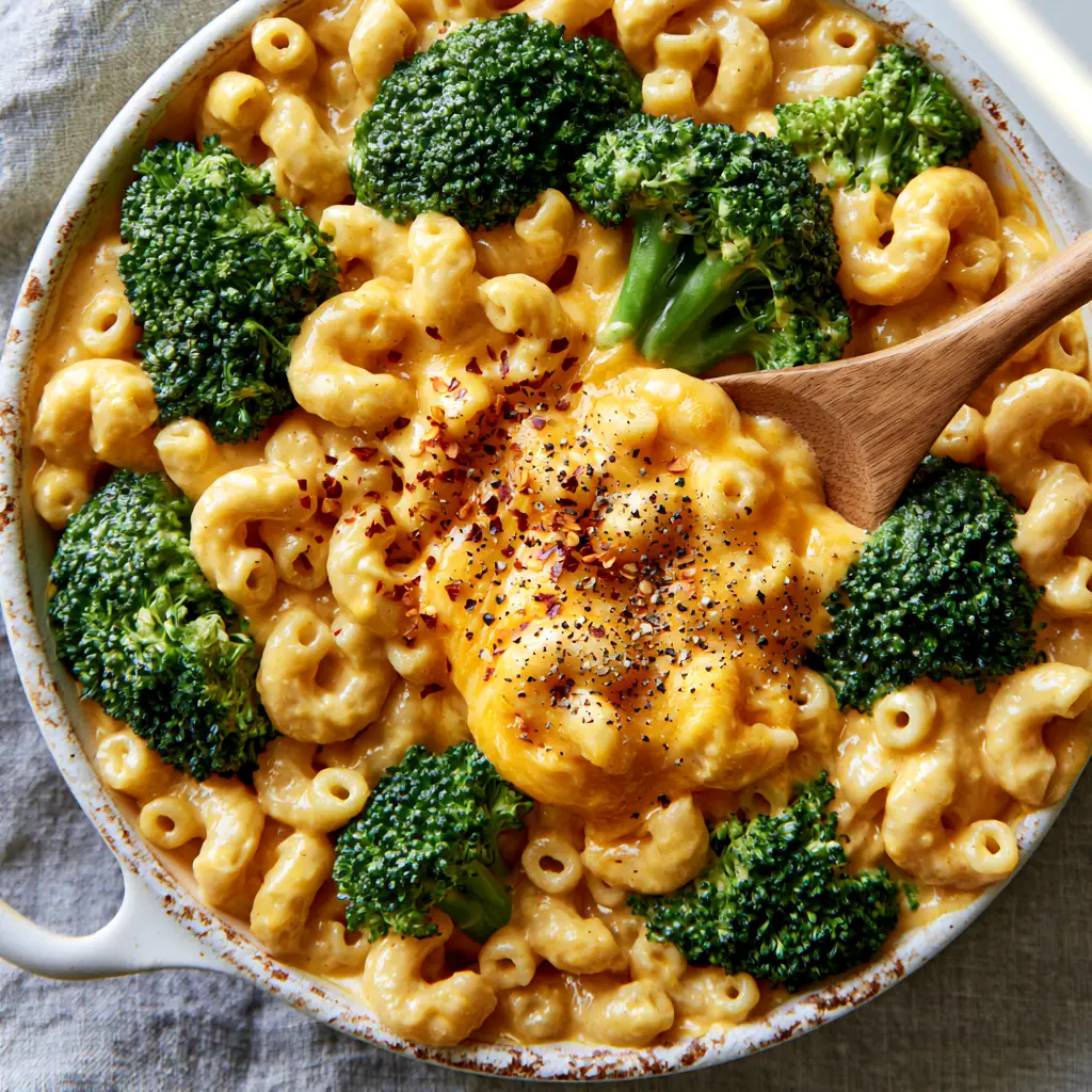 A wooden spoon lifting a portion of creamy broccoli mac and cheese to show the glossy texture.