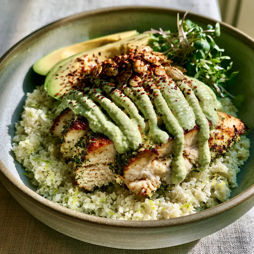 Low Carb Lunch Recipes: The Ultimate Herb-Crusted Chicken & Lime Cauliflower Power Bowl 2 A close up photo of a gourmet low carb power bowl with herb-crusted chicken and lime cauliflower rice. (low carb lunch recipes)