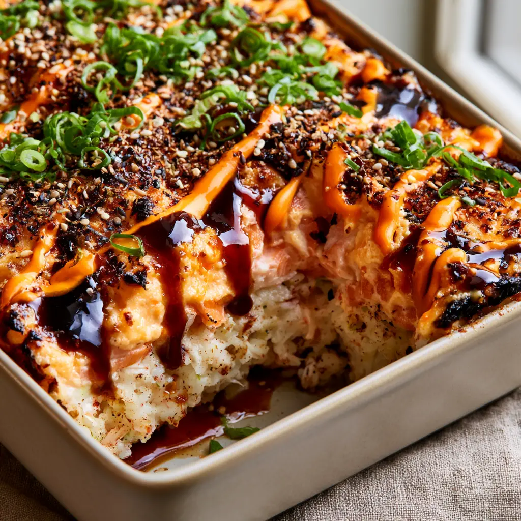 A corner scoop of Sushi Bake revealing the distinct layers of vinegared rice and creamy salmon filling.