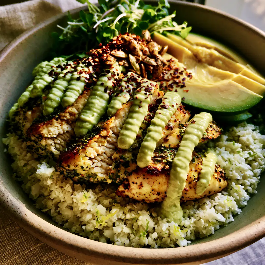 Low Carb Lunch Recipes: The Ultimate Herb-Crusted Chicken & Lime Cauliflower Power Bowl 1 High angle shot of a low carb chicken bowl with avocado crema and toasted pumpkin seeds. (low carb lunch recipes)