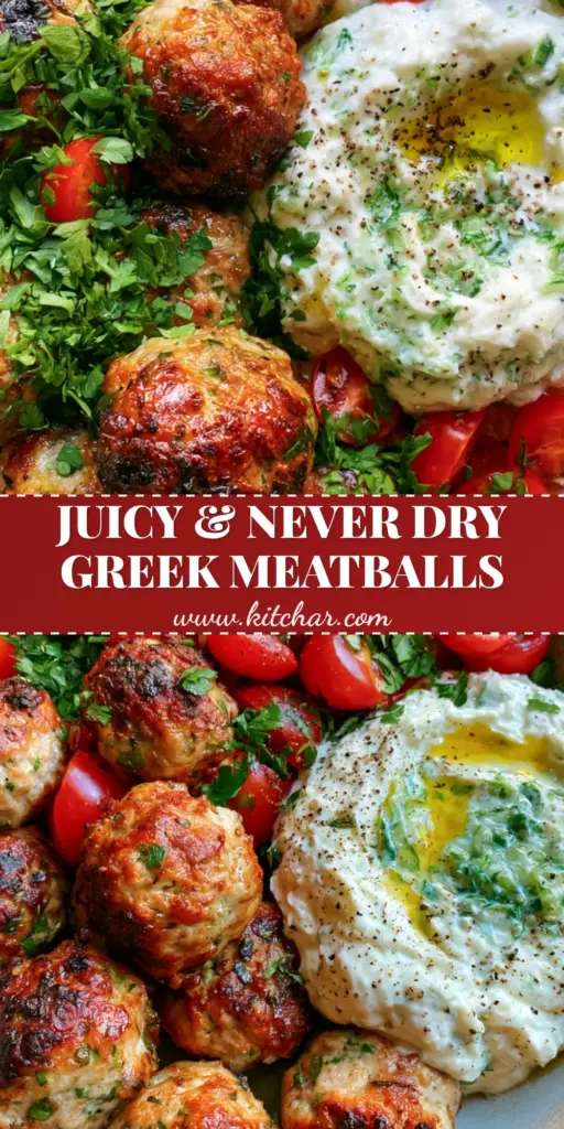 Greek Turkey Meatballs with Creamy Tzatziki and Blistered Tomatoes 4 A rustic bowl of golden-brown Greek Turkey Meatballs with thick tzatziki and blistered tomatoes. (Greek Turkey Meatballs)