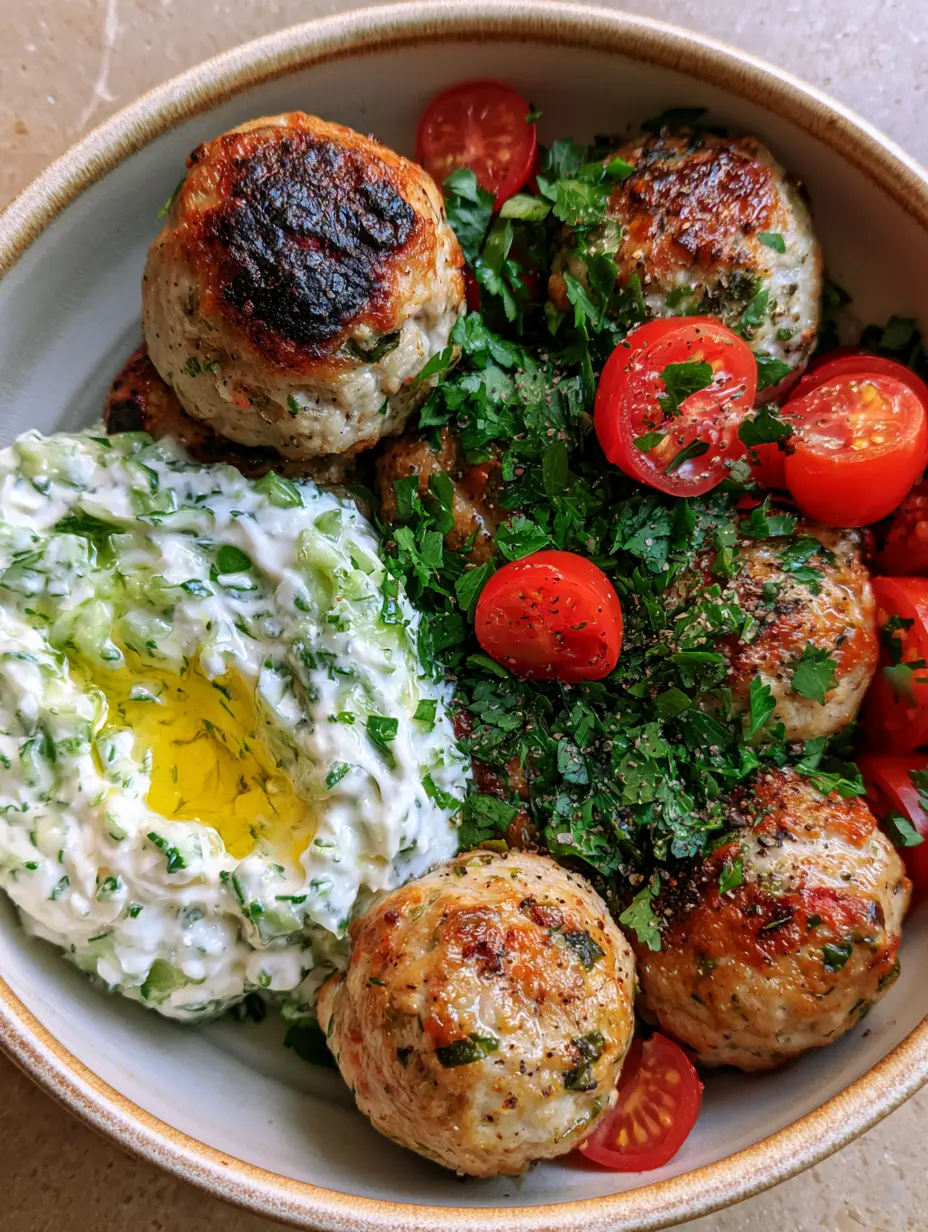 Greek Turkey Meatballs with Creamy Tzatziki and Blistered Tomatoes 3 Succulent seared Greek Turkey Meatballs with crispy charred edges in a ceramic bowl. (Greek Turkey Meatballs)