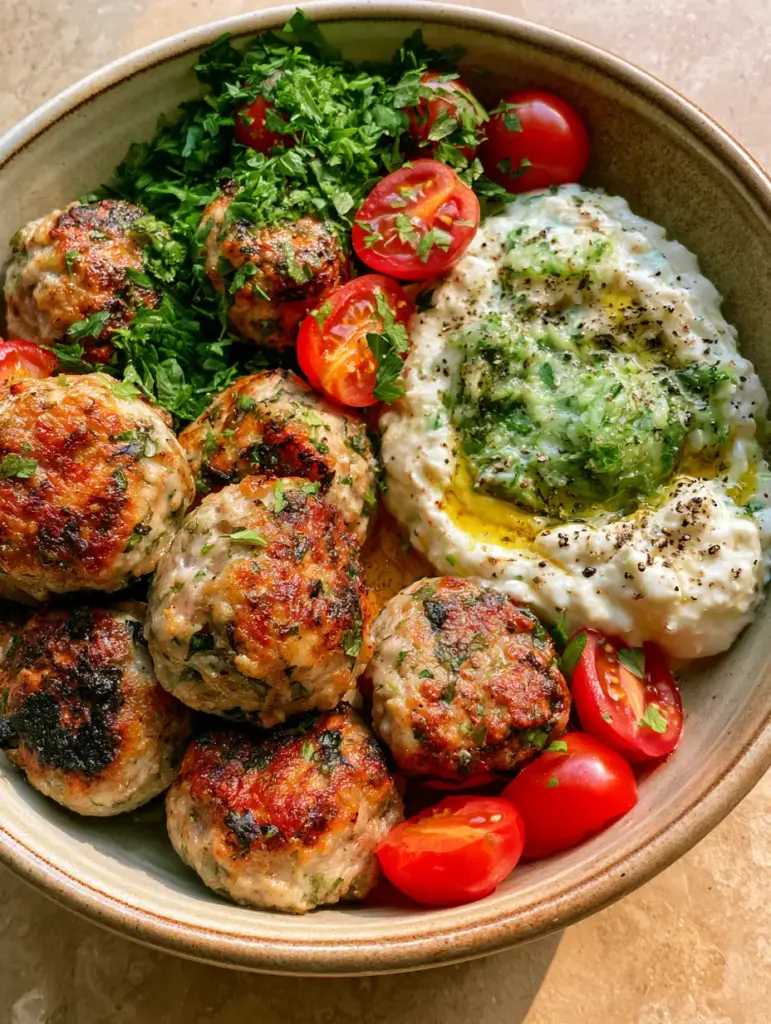Greek Turkey Meatballs with Creamy Tzatziki and Blistered Tomatoes 1 A handheld smartphone photo of Greek Turkey Meatballs garnished with fresh parsley and olive oil. (Greek Turkey Meatballs)