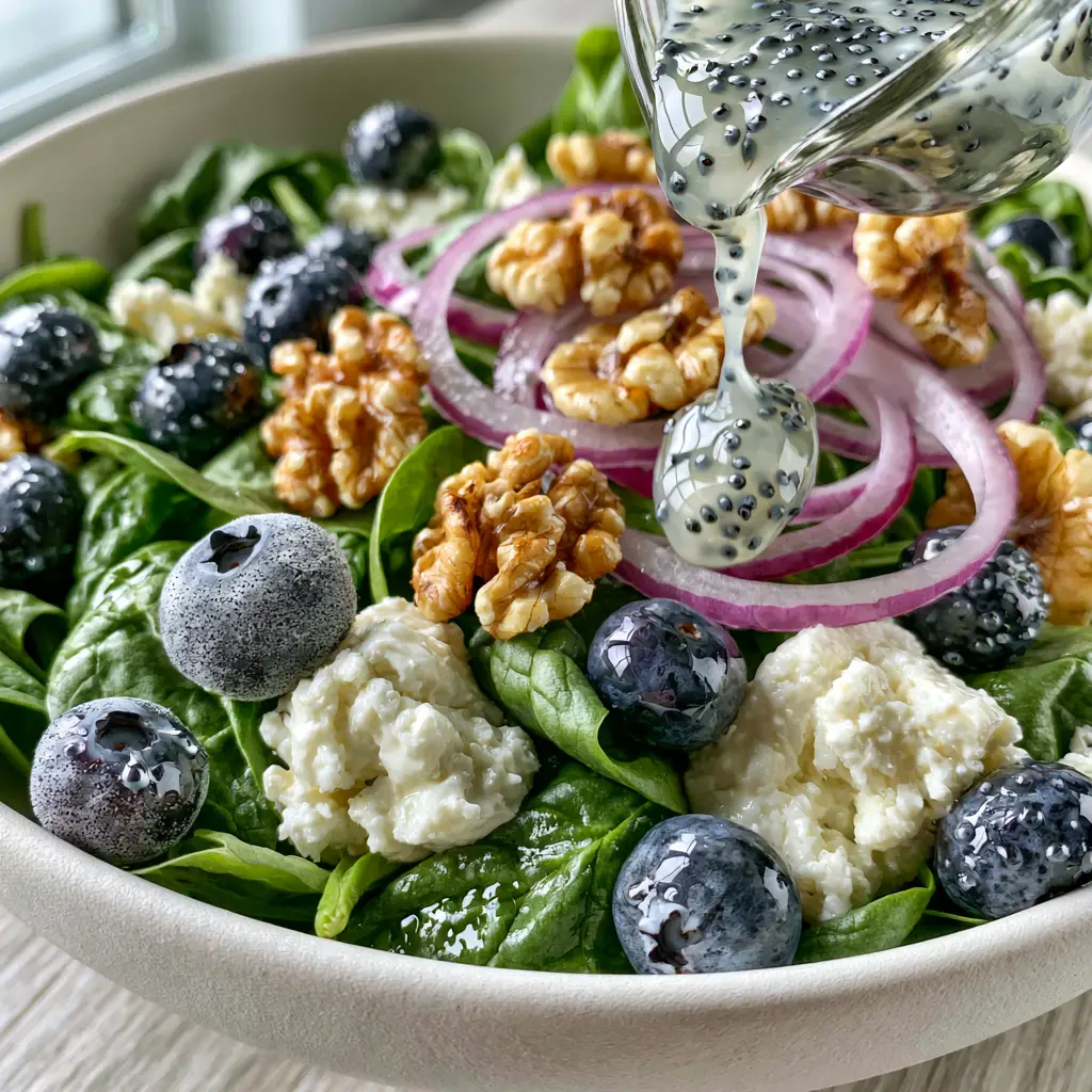 Creamy poppy seed dressing being drizzled over a fresh Blueberry Spinach Salad in an artisanal bowl.
