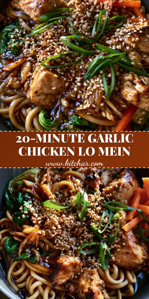 Garlic Chicken Lo Mein: The Ultimate Better-Than-Takeout Recipe 4 A steaming bowl of Garlic Chicken Lo Mein with seared chicken and glossy noodles in a charcoal bowl.
